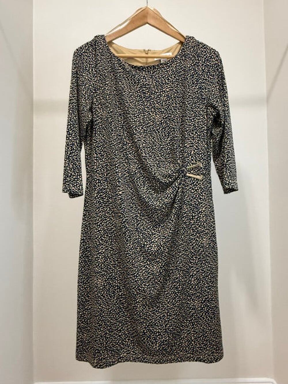 Coldwater Creek Ruched Brooch Dress Navy Tan Sz14